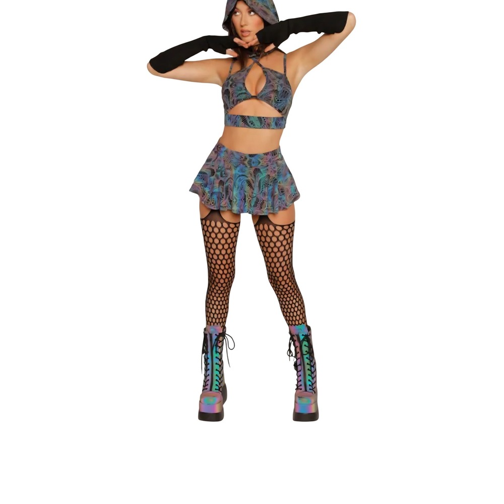 Reflective Rainbow Rave Set 3pc Hooded Shrug Halter Top Skirt IHR3096B Small IHR